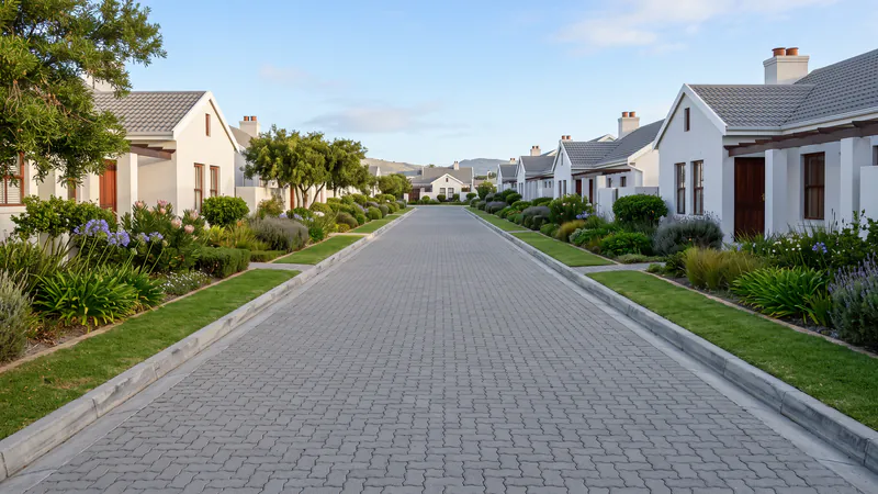 A grey block-paved road running between townhouses in a residential complex