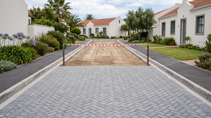 A complex road being repaved in sections: new grey herringbone paving in front, a levelled base closed off with red-and-white tape behind