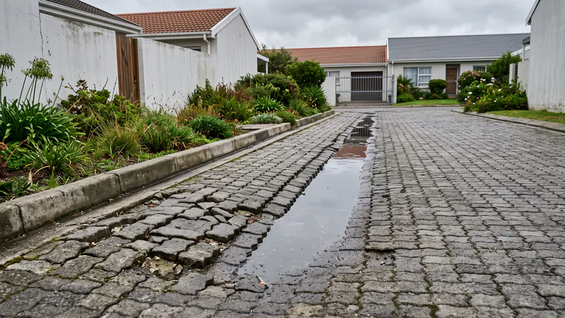 An old grey block-paved complex road with a sunken wheel-track rut holding a shallow puddle, and cracked blocks near the kerb