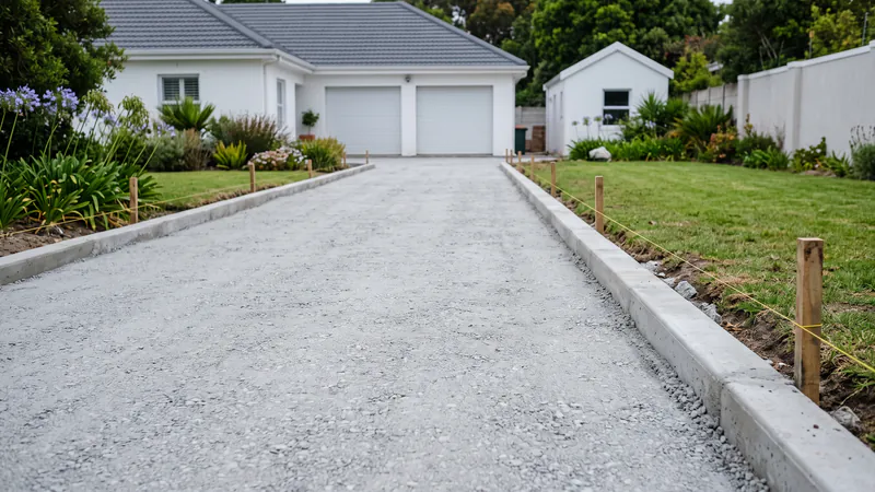 A driveway under construction: a levelled, compacted gravel base between two freshly cast concrete edge beams, with a string line on timber pegs