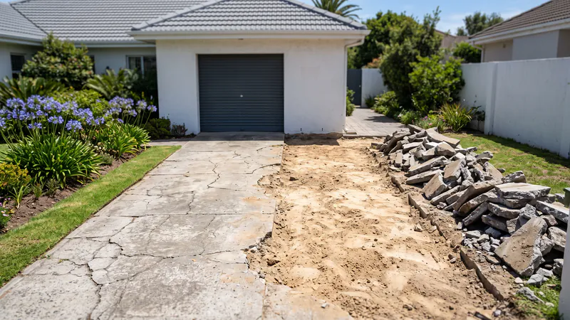 An old concrete driveway partly broken out, with broken slabs piled beside the exposed ground