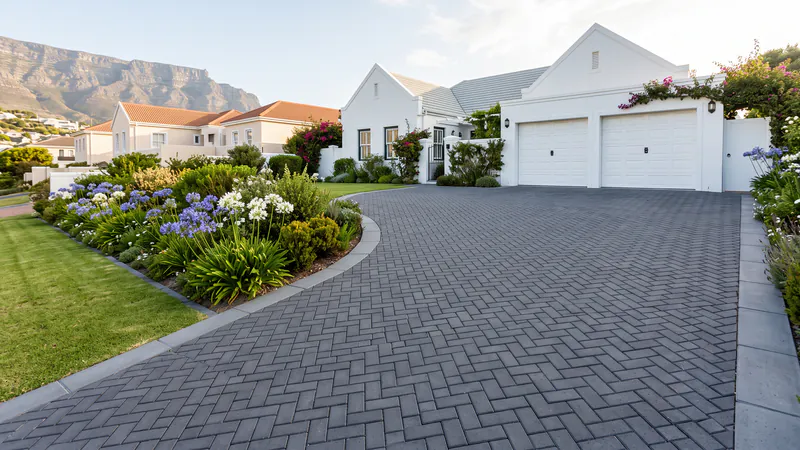 A charcoal cobble driveway in herringbone leading to a white house with a double garage