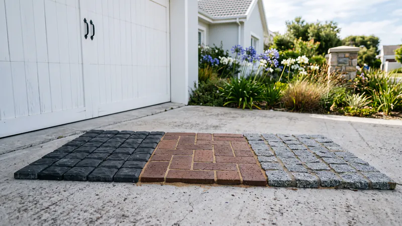 Three paving samples laid side by side in front of a white garage: dark charcoal concrete cobbles, red-brown clay brick pavers and speckled grey granite setts