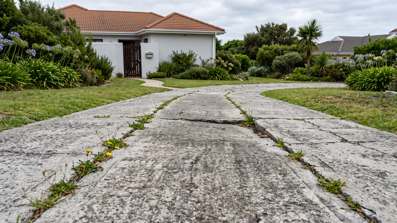 An old grey concrete driveway with long cracks along the wheel tracks and weeds growing in the cracks