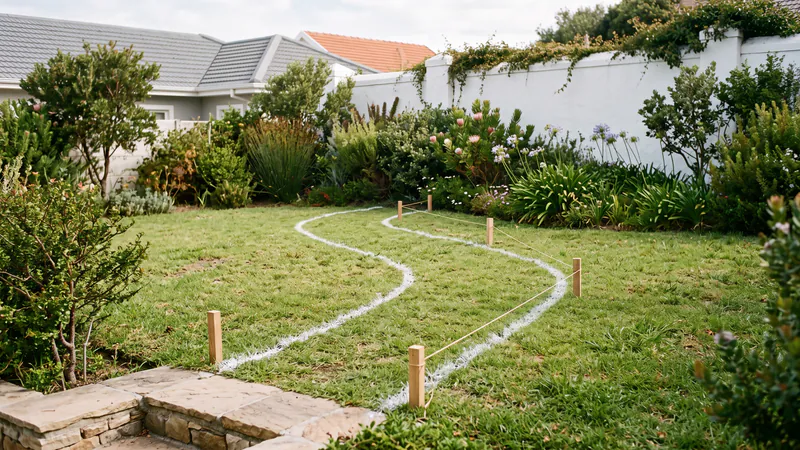 A lawn with the line of a future curving path marked out in white paint and string on small timber pegs, running from a stone patio step towards a fynbos bed