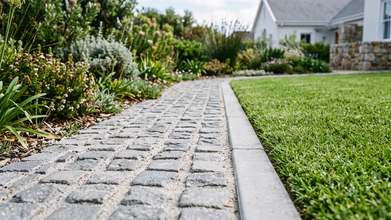 The edge of a grey cobble garden path with sand swept into the joints, held by a plain grey precast concrete edging strip set flush with a trimmed lawn