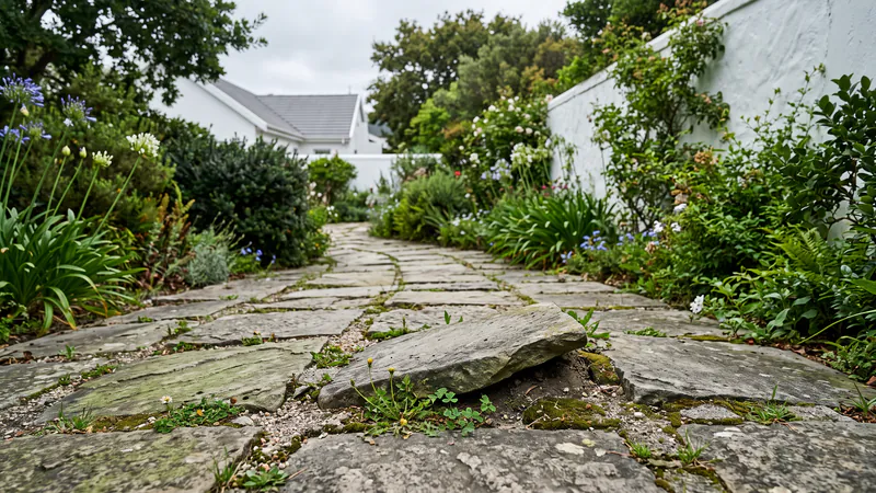 An old garden path of irregular grey stone slabs, one slab tilted up, with gappy joints, moss and small weeds beside a white garden wall