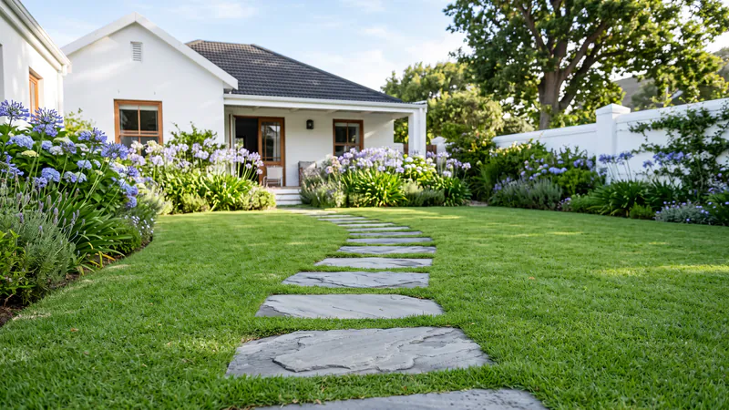 Large flat grey stepping stones set into a trimmed green lawn about a stride apart, leading towards a white house with agapanthus beds