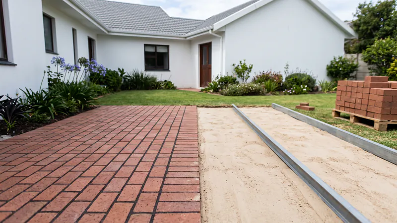 A patio half laid: red-brown clay brick pavers in running bond on the left and a screeded sand bed between steel rails on the right, with a pallet of clay pavers on the lawn