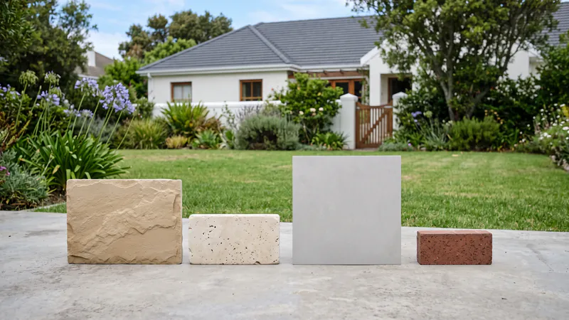 Four paving samples standing in a row on concrete in front of a lawn: a buff riven sandstone flag, a cream travertine block with small pores, a smooth light-grey porcelain slab and a red-brown clay brick