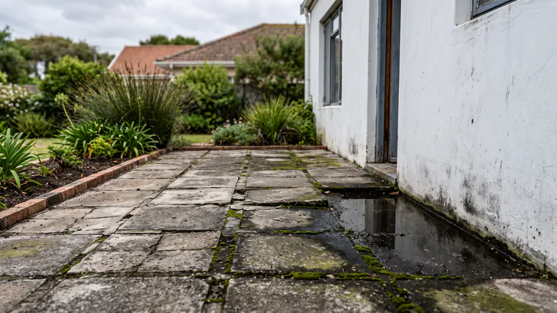 An old grey paved patio beside a white house wall, with uneven slabs, green moss in the joints and a puddle standing against the house