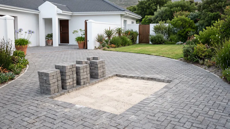 A driveway with a section of pavers lifted and stacked beside a flat sand bed