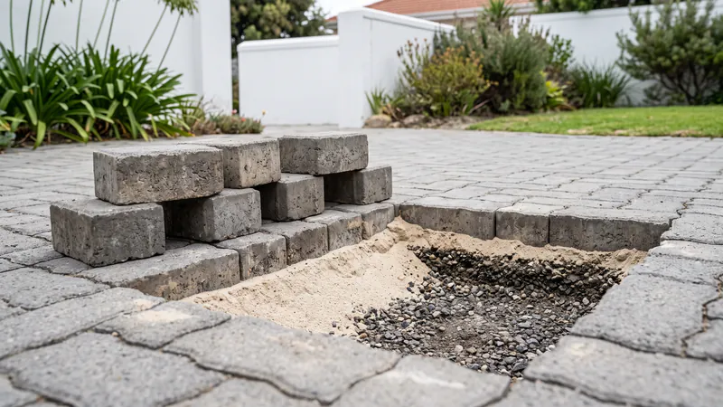 An opening in a grey block paved driveway with pavers set aside, showing pale bedding sand at the edges and a darker gravel base layer below it