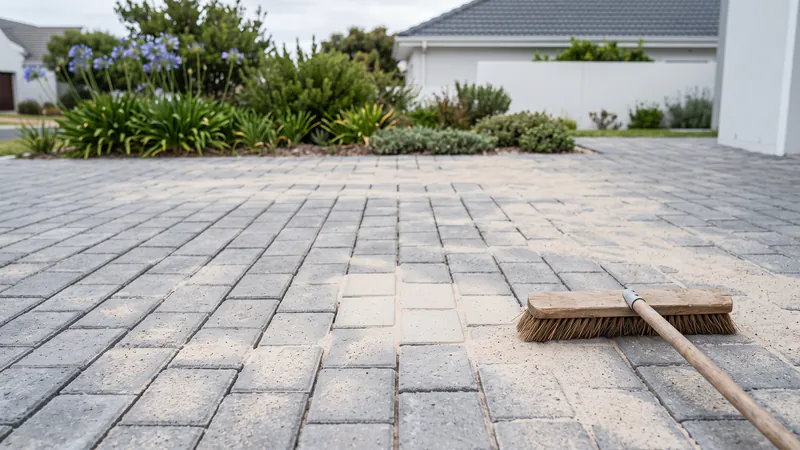 Fine pale sand spread across flat grey pavers and partly swept into the joints, with a wooden broom lying on the paving
