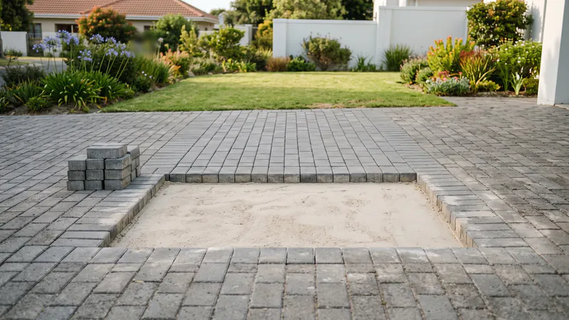 A rectangular repair area in a grey block paved driveway: the far part relaid level with the driveway, the near part a flat screeded sand bed, with a stack of pavers beside it