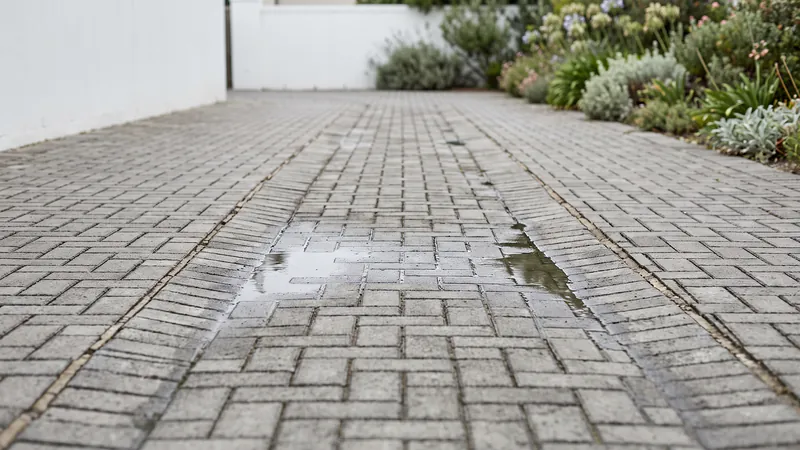 A low view along an older grey block paved driveway with a long shallow dip down the middle, rainwater lying in it and the joints beside it opened