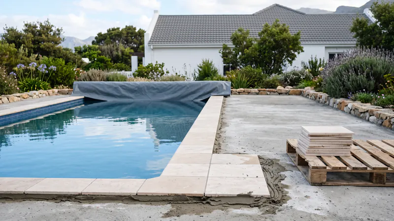 A pool deck under construction: pale stone coping set along the edge of a full pool, a few deck tiles bedded on mortar over a concrete slab, and a stack of tiles on a wooden pallet