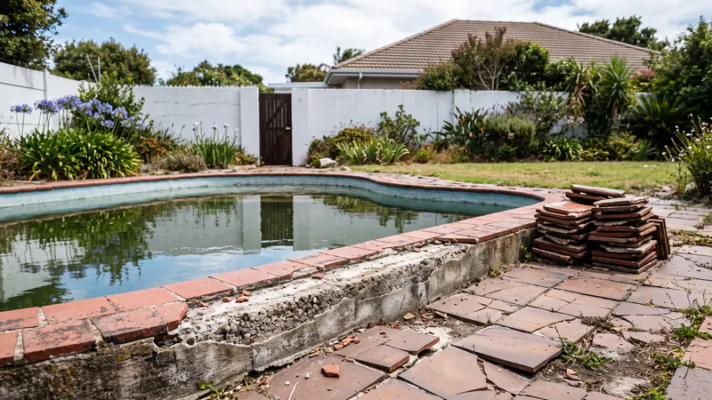 An old curved pool with red quarry-tile coping and cracked tile decking, part of the deck lifted to expose the concrete beneath, with lifted tiles stacked beside green pool water