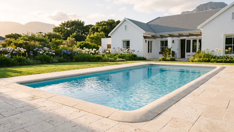 A swimming pool with a pale textured stone surround in a garden