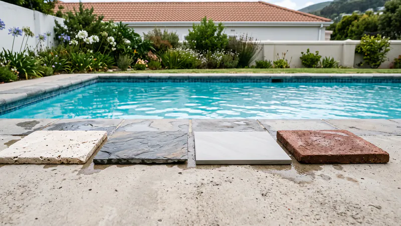 Four paving samples beside a swimming pool: pale travertine with small holes, dark riven slate, a smooth pale porcelain slab and a red-brown clay brick paver